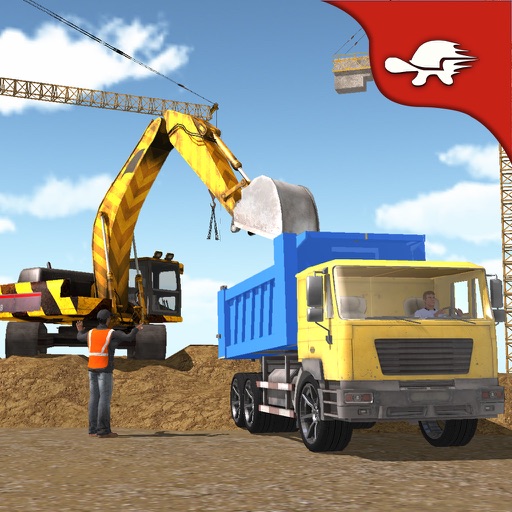 City Construction Excavator Crane & Truck Driving Icon