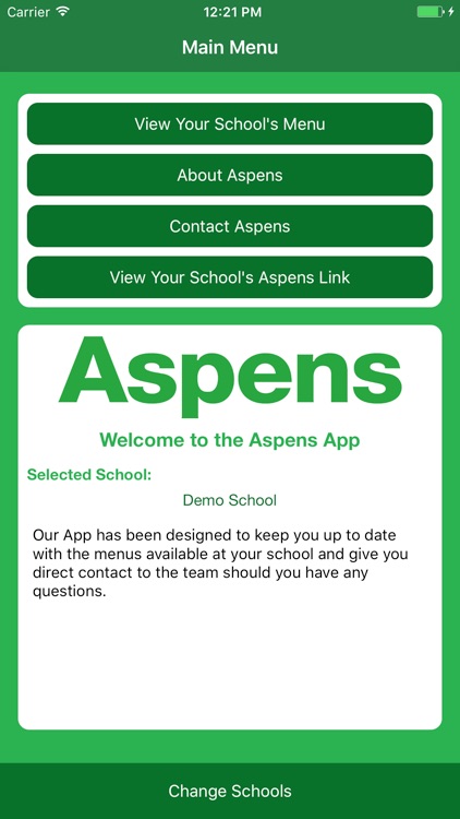 Aspens Services Menu