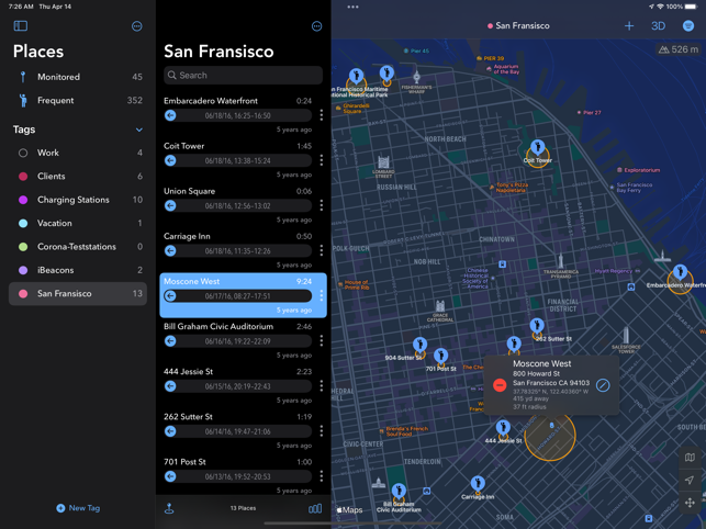 ‎Geofency: schermata di monitoraggio del tempo