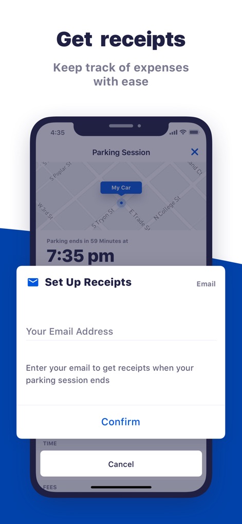 ParkByApp - Users can easily "Set Up Receipts" by entering their email address to automatically receive digital records for streamlined "expense tracking".