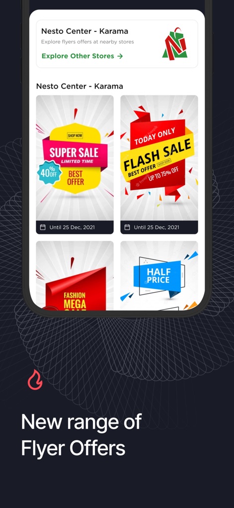 INAAM - This section showcases a "New range of Flyer Offers" from local Nesto centers, presenting various "promotional banners" like 'Super Sale' and 'Flash Sale'.