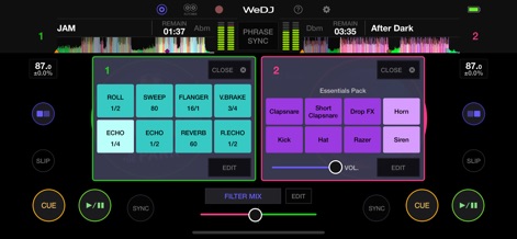 WeDJ for iPhone - Users can elevate their mixes with a rich array of performance FX like Echo and Flanger, complemented by an expressive sampler for triggering iconic sounds such as Horns and Kicks.