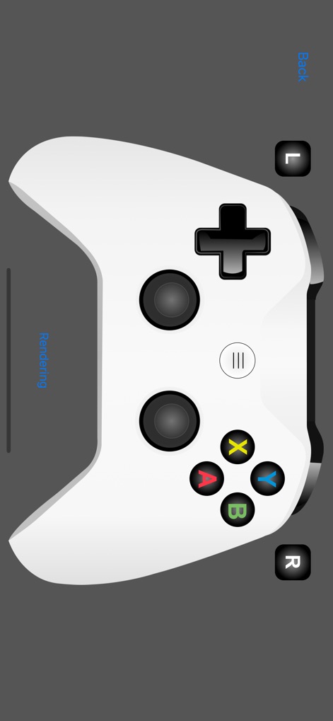 Game Controller Tester Gamepad - Esta captura de tela exibe um controle genérico com um design mais minimalista, focando no botão central "Xbox" e na capacidade de ajustar a "Rendering" para uma visualização clara.