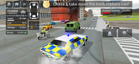 Police Car Driving: Crime City - Users can monitor crucial in-game statistics like vehicle speed and fuel levels, while actively engaging in mission objectives, such as chasing down a suspect vehicle with a visible damage indicator.