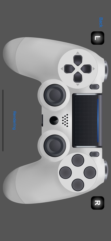 Game Controller Tester Gamepad - Um modelo fidedigno do controle PlayStation 4 DualShock 4 é ilustrado, destacando o design clássico do controle e a opção "Rendering" para otimização visual.