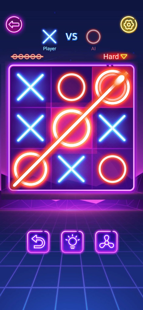 Tic Tac Toe - 2 Player Games - L'application modernise le jeu intemporel avec une grille 3x3 interactive et des symboles néon lumineux, offrant une interface visuellement dynamique et une expérience de jeu intuitive contre l'IA.