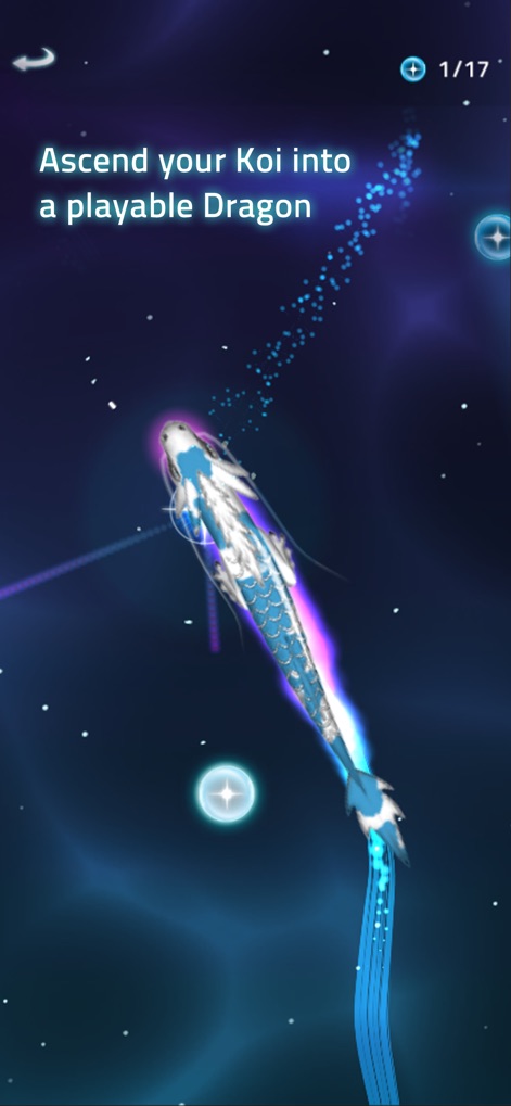 Zen Koi 2 - Behold the captivating moment of transformation as a koi embarks on its journey of ascension, evolving into a magnificent, playable dragon within a celestial, star-filled backdrop.