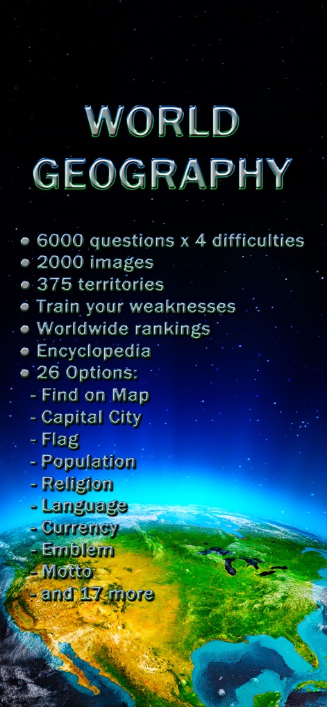 World Geography - Quiz Game - The app presents its core capabilities, highlighting the extensive '6000 questions x 4 difficulties' and '26 Options' for diverse learning.