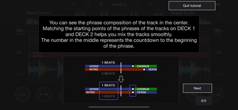 WeDJ for iPhone - The app provides built-in tutorial guidance to master advanced techniques, visually illustrating phrase composition and effective mixing strategies for beginners.