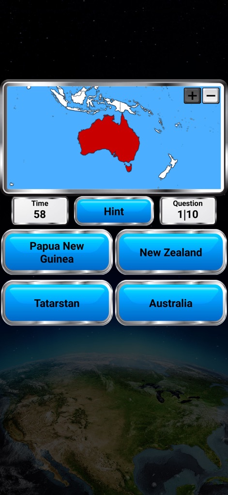 World Geography - Quiz Game - Users can test their geographic knowledge by identifying countries on a map, with a 'Hint' option and four multiple-choice answers for guidance.