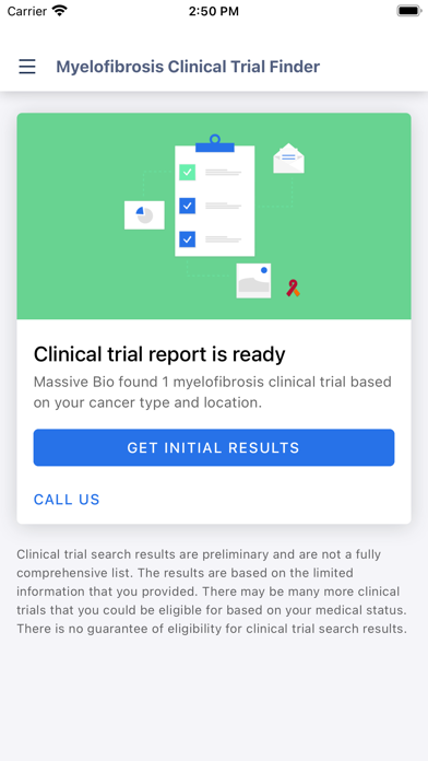 Myelofibrosis Trial Finder Screenshot