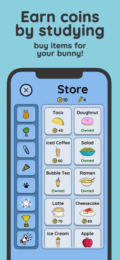 Study Bunny: Focus Timer - 이 스크린샷은 공부하여 획득한 코인으로 토끼를 위한 아이템을 구매하는 상점 기능을 보여주며, 타코, 도넛 등의 다채로운 아이템과 함께 구매 여부('Owned')가 표시되어 보상 시스템을 명확히 합니다.