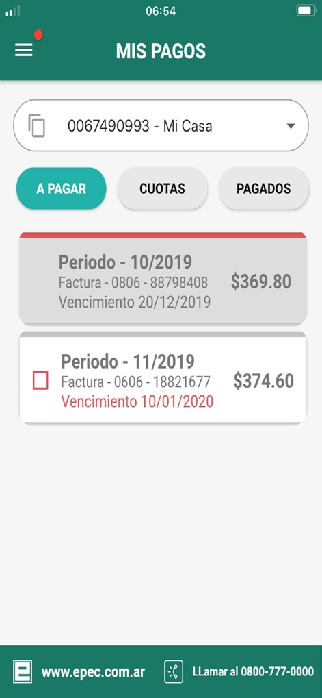 Epec Móvil - Users can easily manage bills through dedicated "A PAGAR" (To Pay), "CUOTAS" (Installments), and "PAGADOS" (Paid) sections, clearly displaying payment statuses and amounts.