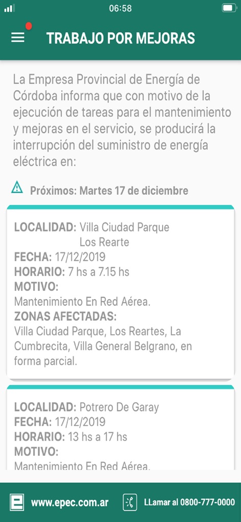 Epec Móvil - The app provides critical information on "Trabajo por mejoras" (Improvement Works), detailing affected "LOCALIDAD" (Locality) and "ZONAS AFECTADAS" (Affected Zones) due to service interruptions.