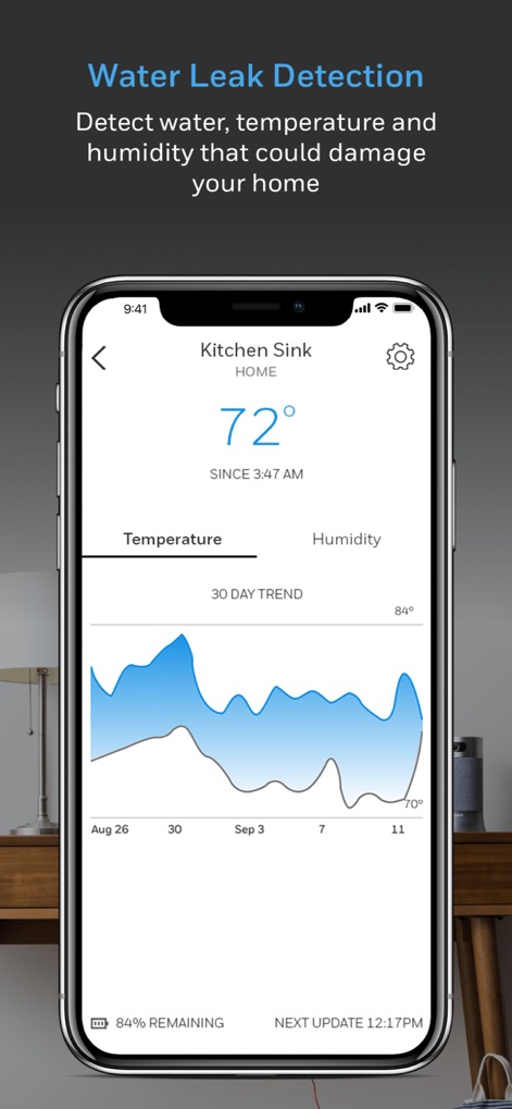 Resideo - Smart Home - Examine the "Water Leak Detection" screen, which provides critical data such as current "Temperature" and a 30-day "Trend" graph for humidity and temperature levels.