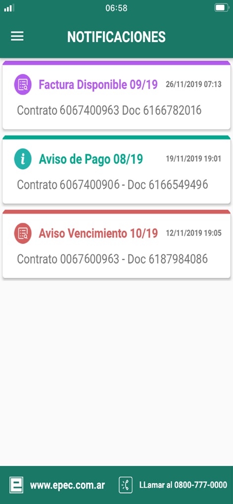 Epec Móvil - This screen showcases a stream of notifications, including alerts for "Factura Disponible" (Bill Available) and timely "Aviso Vencimiento" (Due Date Reminder) to keep users informed.