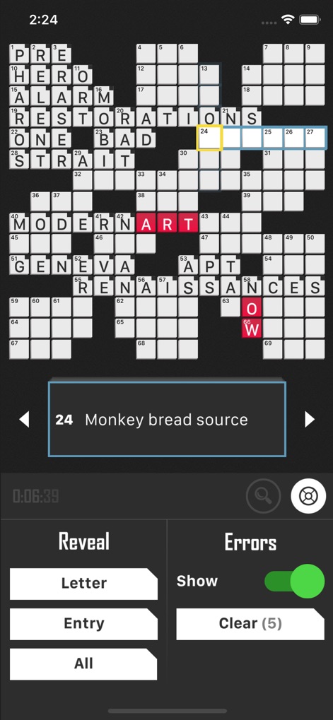 Crossword Puzzle Redstone - The app provides robust assistance with options to 'Reveal Letter, Entry, or All' and tools to 'Show Errors' or clear them easily.