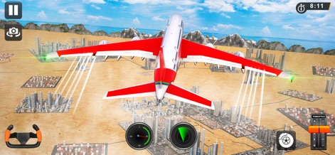 US Airplane Pilot Flying Games - The app features an aerial view perspective, soaring over unique cityscape layouts nestled within a vast desert expanse.