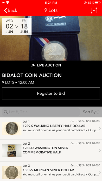 BidALot Coin Auction Screenshot