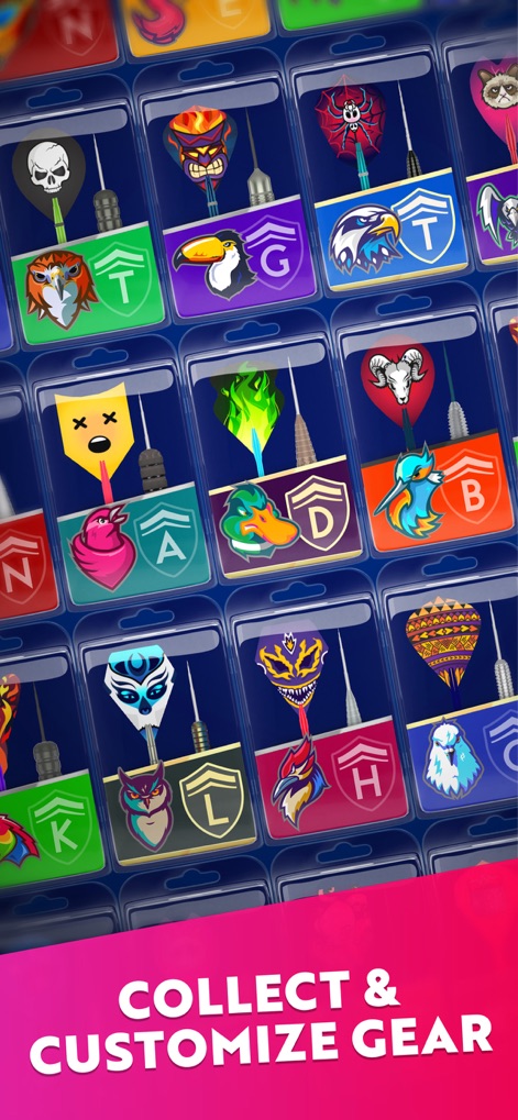 Darts of Fury: PvP Multiplayer - The app showcases an expansive collection of dart customization options, including unique flight designs and diverse barrel aesthetics.