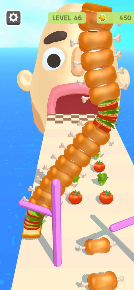 Sandwich Runner - Users can observe the impressive sandwich height as it grows with collected ingredients and the giant awaiting its meal.