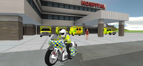 Police Car Driving: Crime City - The open world features critical locations like the 'Hospital' building for player and vehicle recovery, clearly visible with multiple emergency ambulances parked outside.