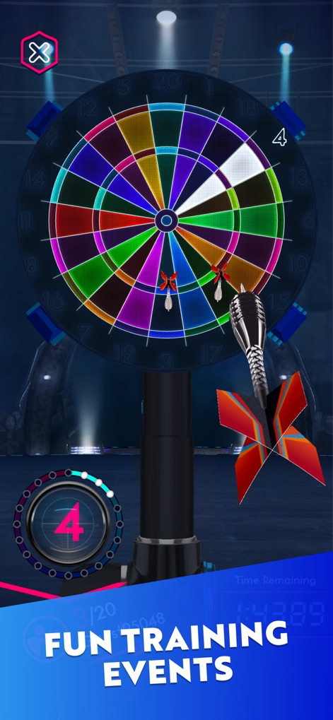 Darts of Fury: PvP Multiplayer - Discover the app's dynamic training events, featuring vibrant, multi-colored dartboards and an integrated real-time event timer for focused practice.