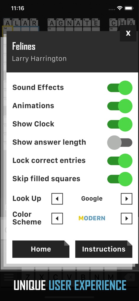 Crossword Puzzle Redstone - Users can tailor their solving experience with customizable settings such as 'Sound Effects' and choose from different 'Color Schemes'.