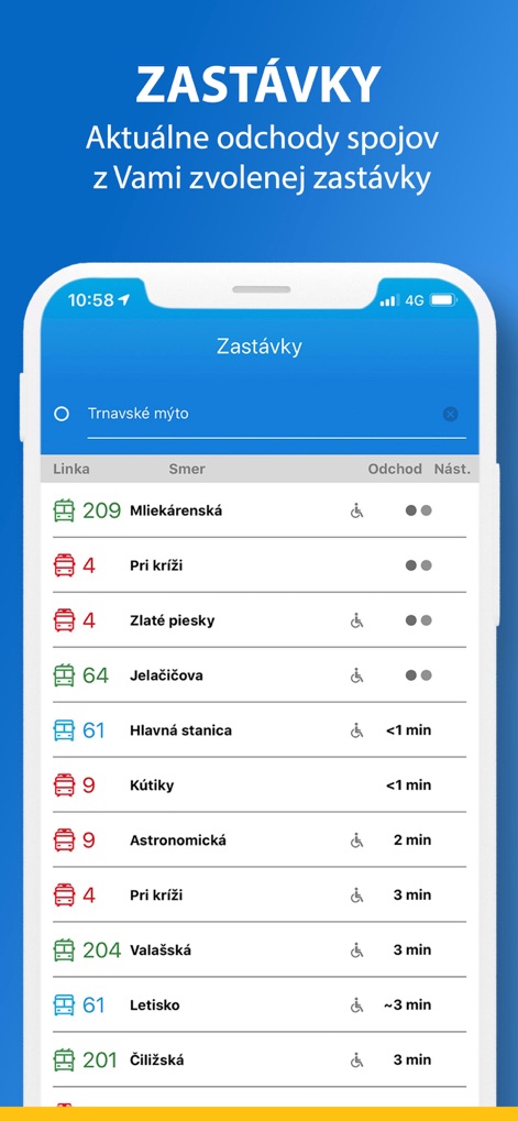 IDS BK  Cestujeme jednoduchšie - Les utilisateurs découvrent une liste organisée des lignes et directions depuis leur arrêt choisi, accompagnée des heures de départ en temps réel pour une information précise et à jour.