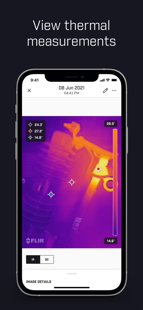 Flir One - La herramienta ofrece una vista detallada de las mediciones térmicas, con puntos de medición precisos y la indicación de las temperaturas máximas y mínimas para un diagnóstico exacto.