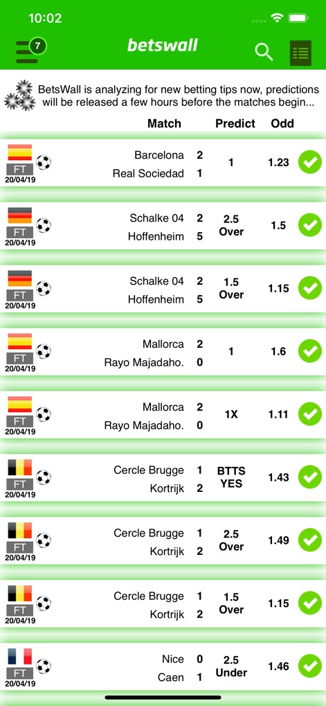BetsWall: AI Sports & NBA Tips - The app showcases daily football betting tips, featuring specific prediction types like '2.5 Over' and transparent odds with outcome indicators like green checkmarks.