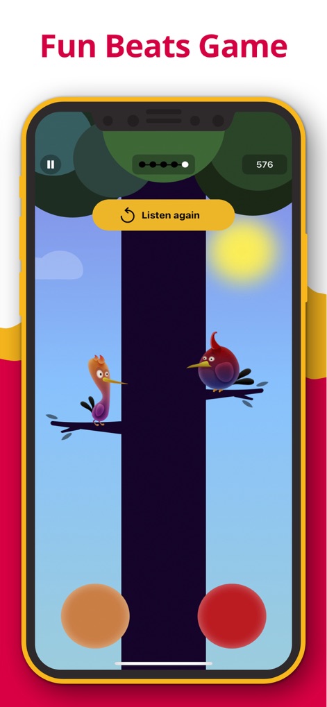 Metronome - Tap Tempo & Rhythm - この画面は、かわいい鳥のキャラクターと「Listen again」ボタンを備えた楽しいビートゲームを紹介し、ユーザーがリズミカルなパターンを繰り返し聞き、記憶するのに役立ちます。