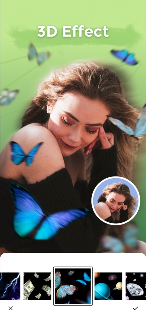 illus - Face Effects Editor - Elevate images with captivating 3D effects, exemplified by the ethereal butterflies, and explore a wide selection of dynamic visual overlays.