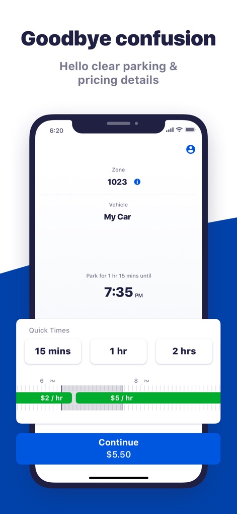 ParkByApp - The app clearly displays the active parking "Zone" and provides a visual timeline of changing "parking rates" for complete transparency.
