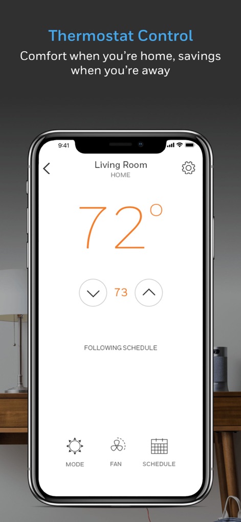 Resideo - Smart Home - Witness the intuitive "Thermostat Control" screen, featuring a prominent "72°" temperature readout and easy access to "MODE" and "SCHEDULE" adjustments for optimal comfort.