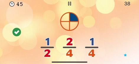 Math Champions games for kids. - 이 화면은 시각적인 분수 모델을 제시하고, 사용자가 주어진 분수 옵션 중에서 그림과 일치하는 것을 선택하여 분수 개념을 쉽게 이해하도록 돕습니다.