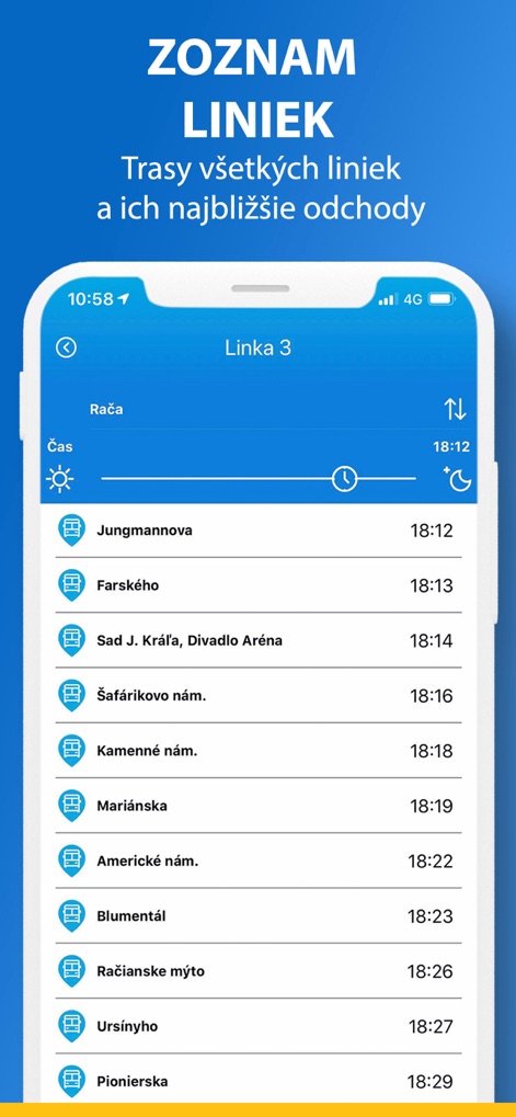 IDS BK  Cestujeme jednoduchšie - Cet écran présente les horaires des arrêts de chaque ligne avec une clarté remarquable et un itinéraire détaillé permettant de visualiser toutes les stations desservies pour une meilleure anticipation du trajet.