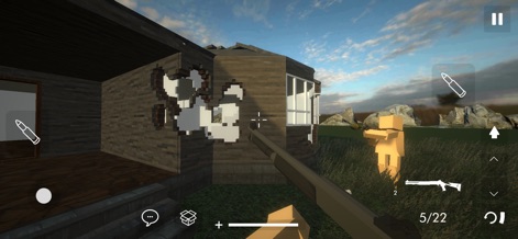 Building Destruction - This image highlights a player character actively engaged in combat, demonstrating progressive wall damage visuals on a building.