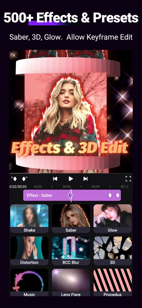 Motion Ninja Video Editor - Users can explore an extensive library of over 500 effects and apply detailed keyframe editing to customize every visual element.