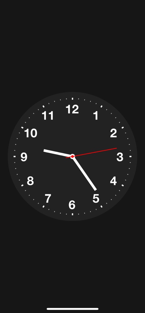 Desk Clock - Analog Clock Face - Experience clear time-telling with a full-screen analog clock, featuring a crisp black background and a prominent red second hand for precision.