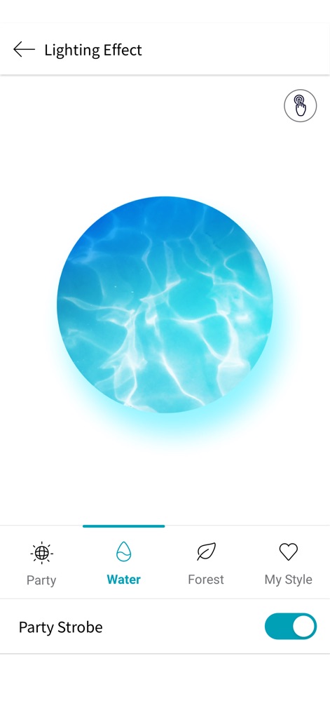 LG XBOOM – 2024 and earlier - The app provides a range of "Lighting Effect" categories, including a dynamic "Water" visualization and a "Party Strobe" toggle for vibrant displays.