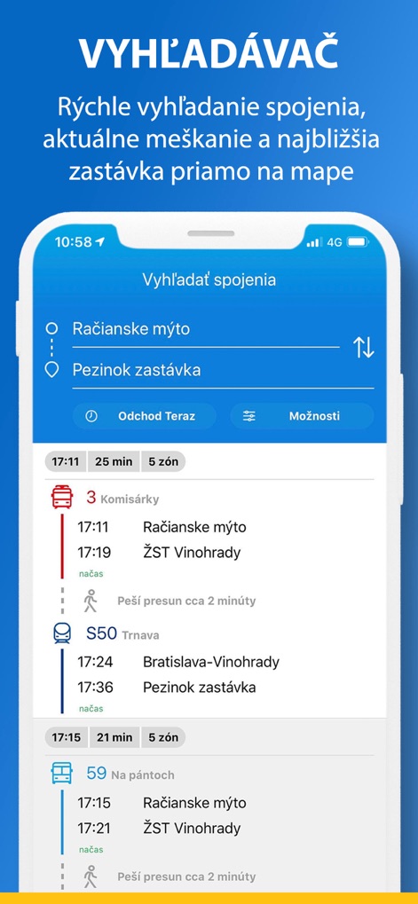 IDS BK  Cestujeme jednoduchšie - L'application propose des champs de recherche d'itinéraire intuitifs pour planifier des trajets et un aperçu détaillé des correspondances avec les horaires et les durées, optimisant ainsi la planification des déplacements.