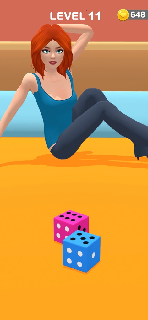 Couple Life 3D - Users can experience intimate moments, depicted by a character posing seductively and the presence of game dice, indicating playful couple activities.