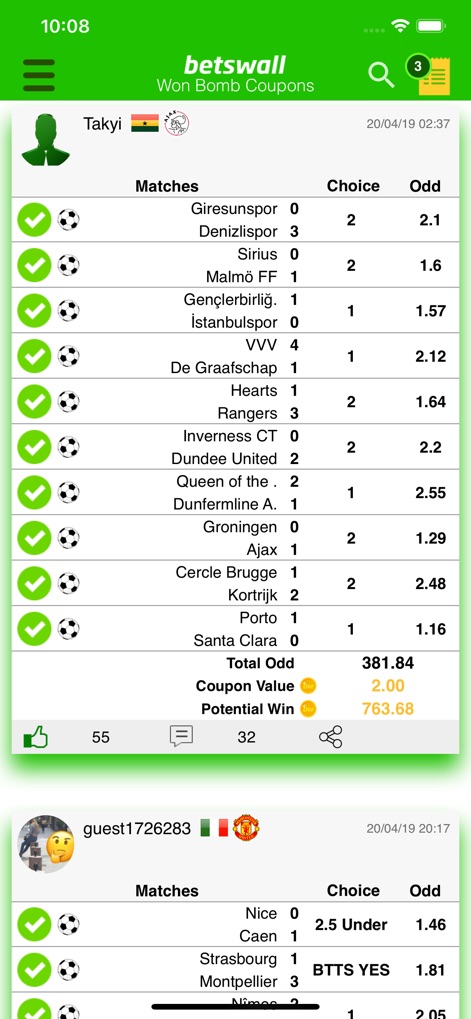 BetsWall: AI Sports & NBA Tips - The app showcases high-reward 'Won Bomb Coupons' from top users, featuring extensive lists of successful predictions that highlight significant 'Total Odd' and 'Potential Win' figures.