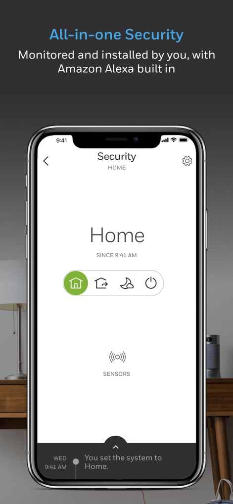 Resideo - Smart Home - Explore the "All-in-one Security" interface, providing quick arming options for "Home", "Away", and "Sleep" modes, alongside real-time system status notifications.