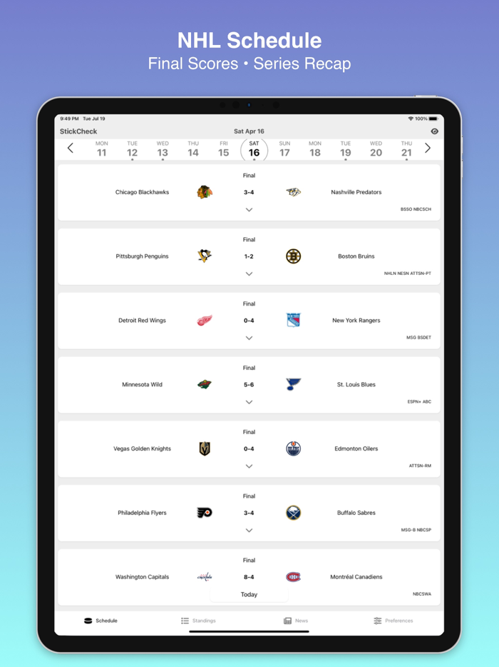 StickCheck Hockey Scores