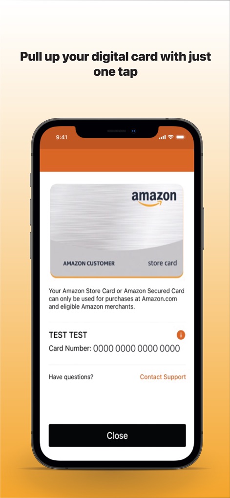 Amazon Store Card - Access your digital card securely, featuring a masked Card Number for privacy and a readily available Contact Support link for assistance.