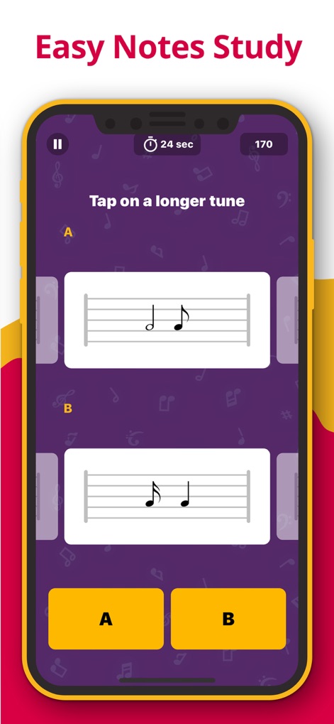 Metronome - Tap Tempo & Rhythm - 音楽理論を学ぶユーザー向けに、この画面では音符の視覚的表示とA/B選択ボタンを通じて、音符の長さを簡単に学習できるゲーム機能を提供しています。