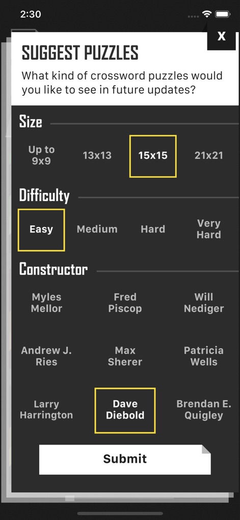 Crossword Puzzle Redstone - The 'SUGGEST PUZZLES' feature allows users to filter by desired 'Size' and 'Difficulty' for a personalized selection.