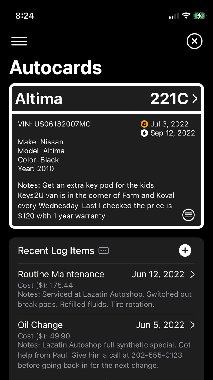 Autocards - Vehicle Log